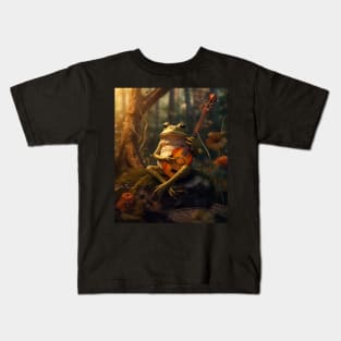 Cottagecore Aesthetic Frog Playing Banjo on Mushroom Cute Kids T-Shirt